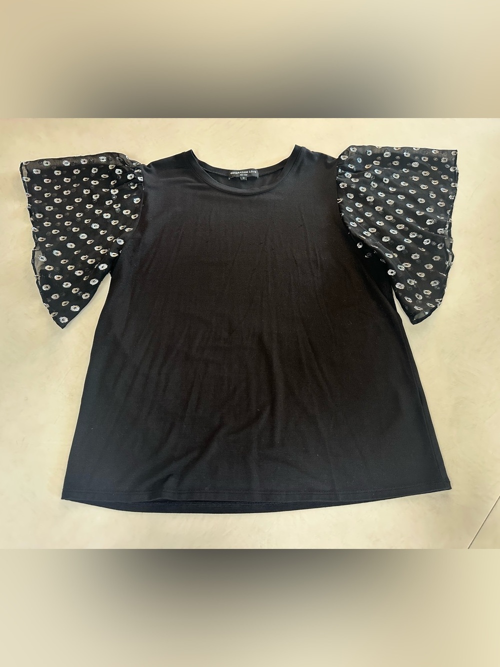 Generation Love Black Tee with Sheer Polka Dot Ruffle Sleeves